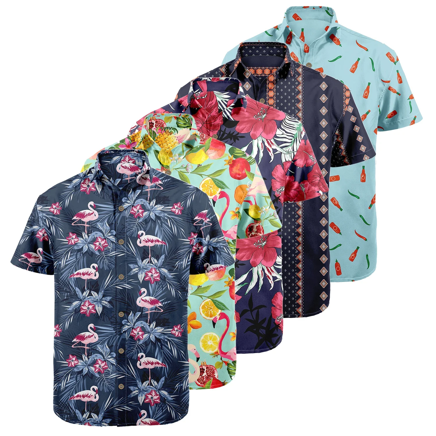 Wholesale 2022 Multiple Pattern Summer Beach Hawaiian Shirts Short Sleeve Polyester Quick Drying Aloha Standing Collar Shirt