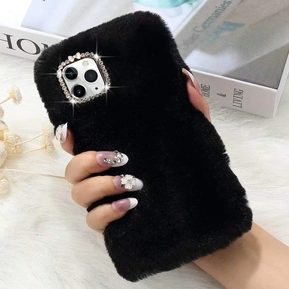 Girly Rabbit Fur mobile phone Case for iPhone Flexible Silicon Soft Fluffy Furry cover with Crystal Diamond Back shell