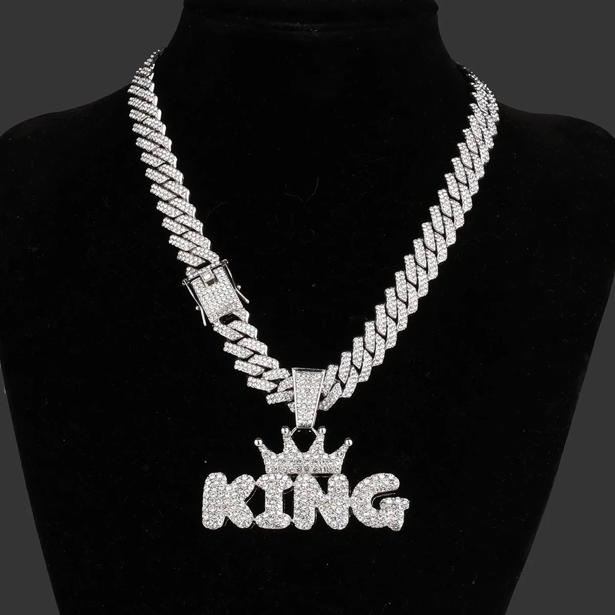 Hip Hop Crown with King Pendant Chunky Iced Out Pendant Chain Cuban Link Necklace for Men Bling Rapper Gifts Fashion Accessory