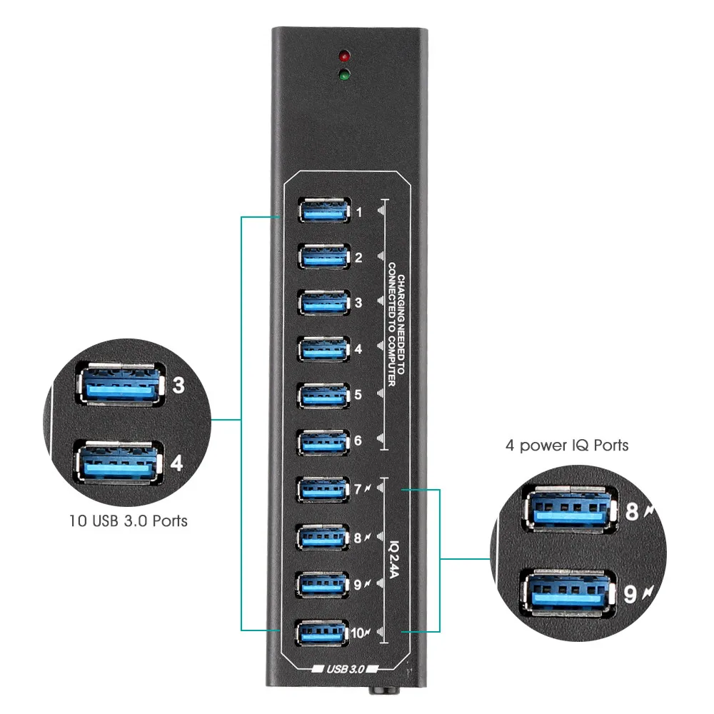 Powered USB 3.0 Hub, 10 Ports USB Hub Splitter