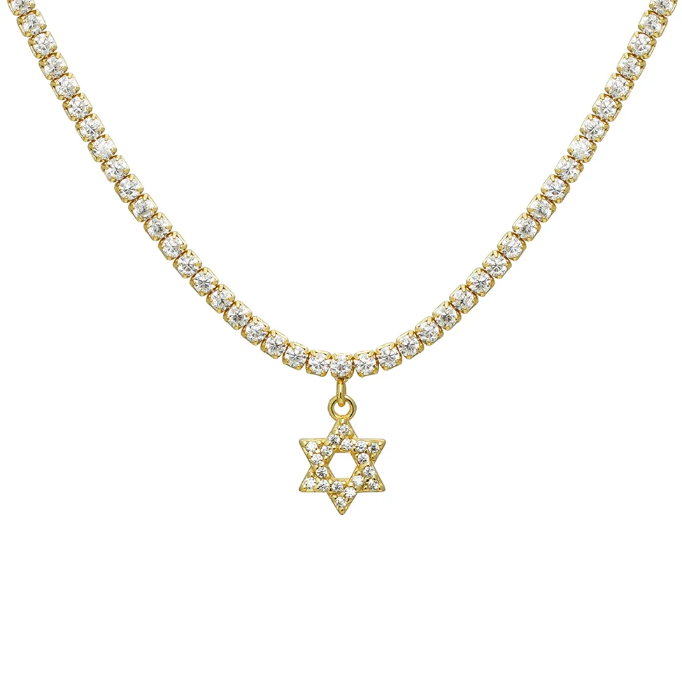 925 Sterling Silver Women Jewelry Israel Jewish Zircon Tennis Chain Choker Necklace With Star Of David Charm