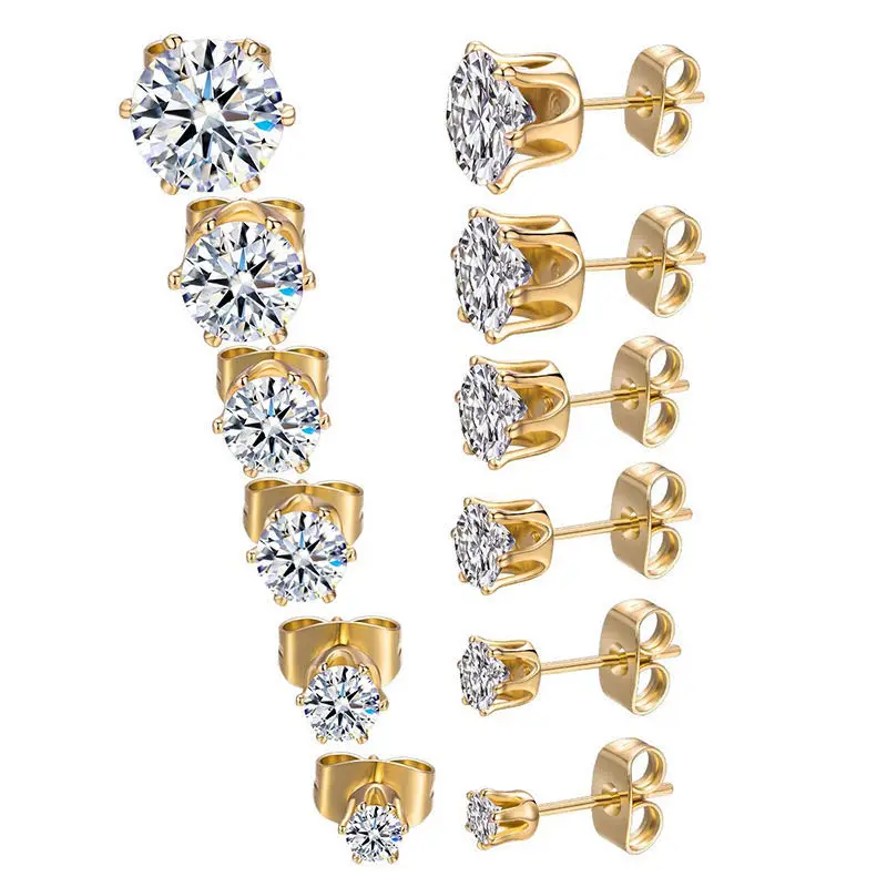 6 pairs Round Zircon Stud Earrings Stainless Steel Minimalist Simple Stone 3-8mm CZ Earrings for Women Men Unisex