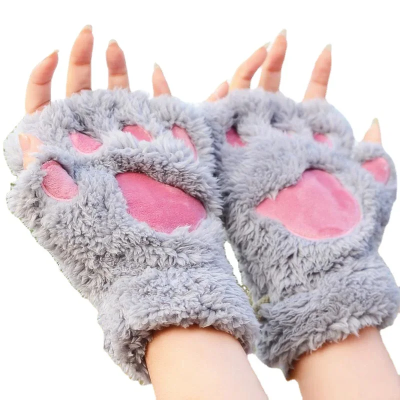 Tabletex Women Girls Winter Cute Embroidered Bearpaw Cat Paw Half Finger Plush Warm Gloves