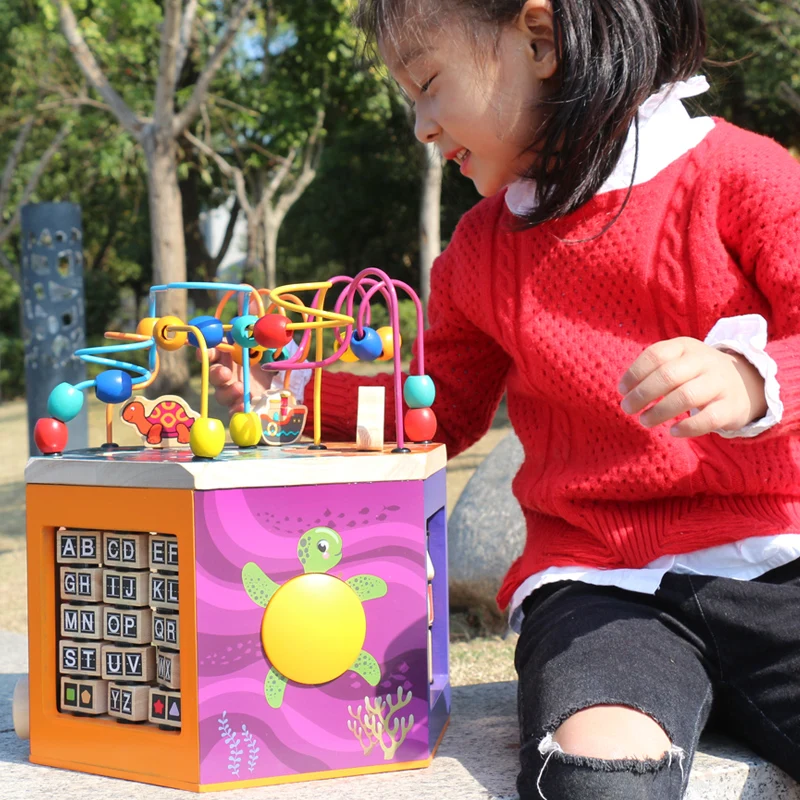 Multifunction Ocean Musical Six Sides Wooden Bead Maze Children Intelligence Learning Educational Cube Toy