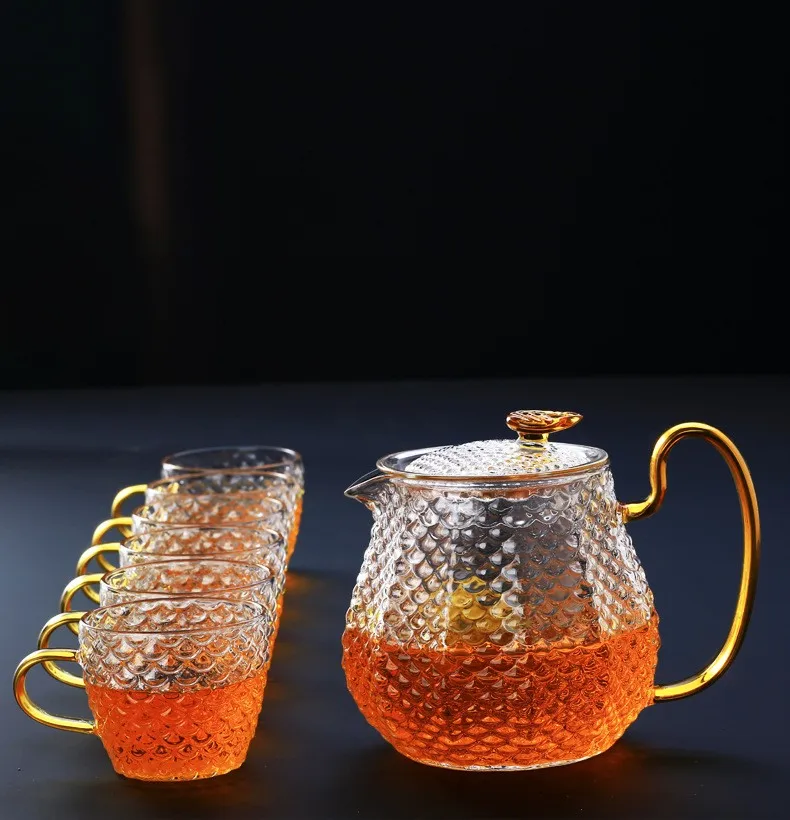 Qian Hu Vintage Clear Luxury Turkish Kettle Glass Teapot Set with Arabic Style Gold Metal Holder