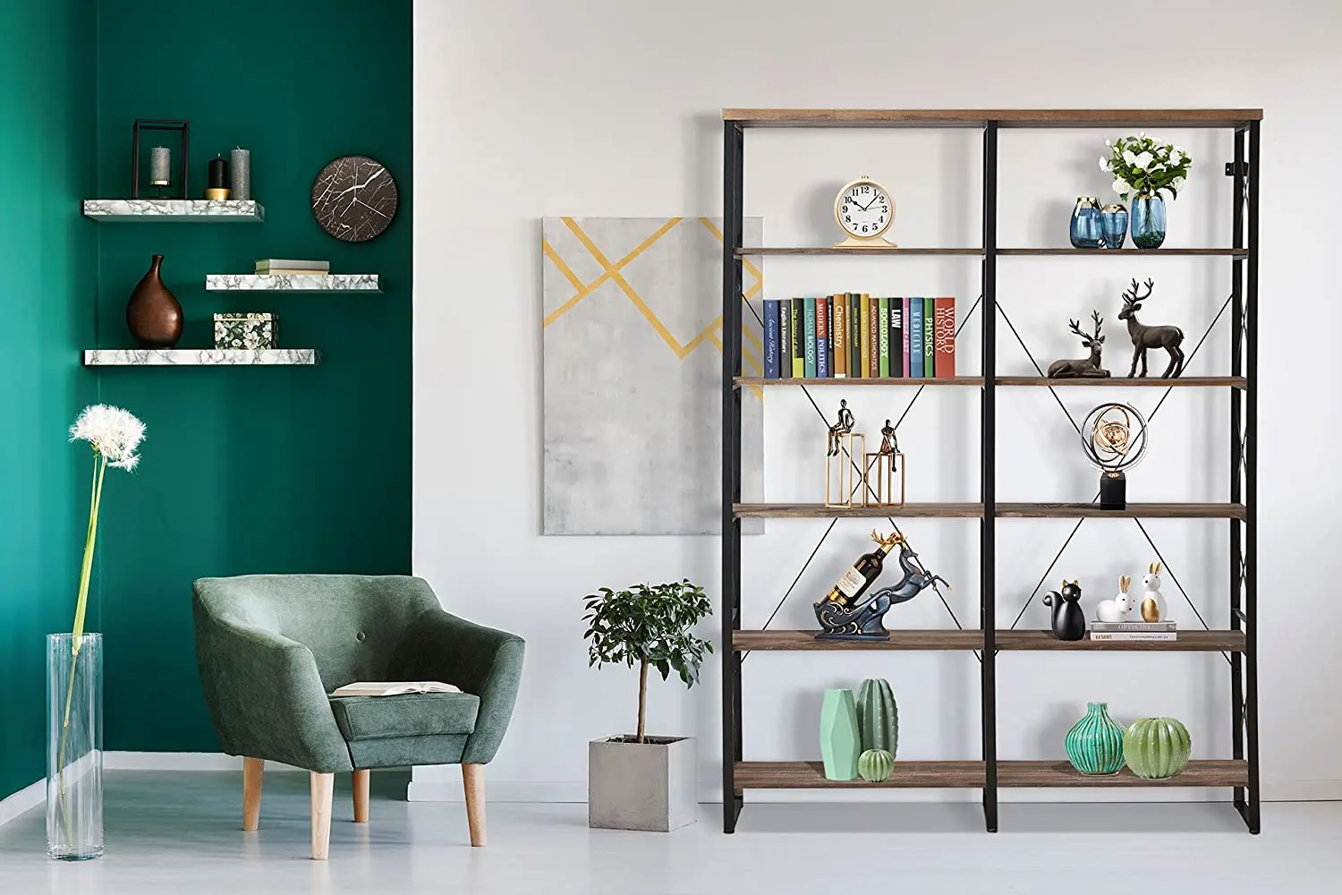 Black Double Wide 6-tier Living Room Shelves Floor Shelf Display Shelves With Metal Frame For Living Room