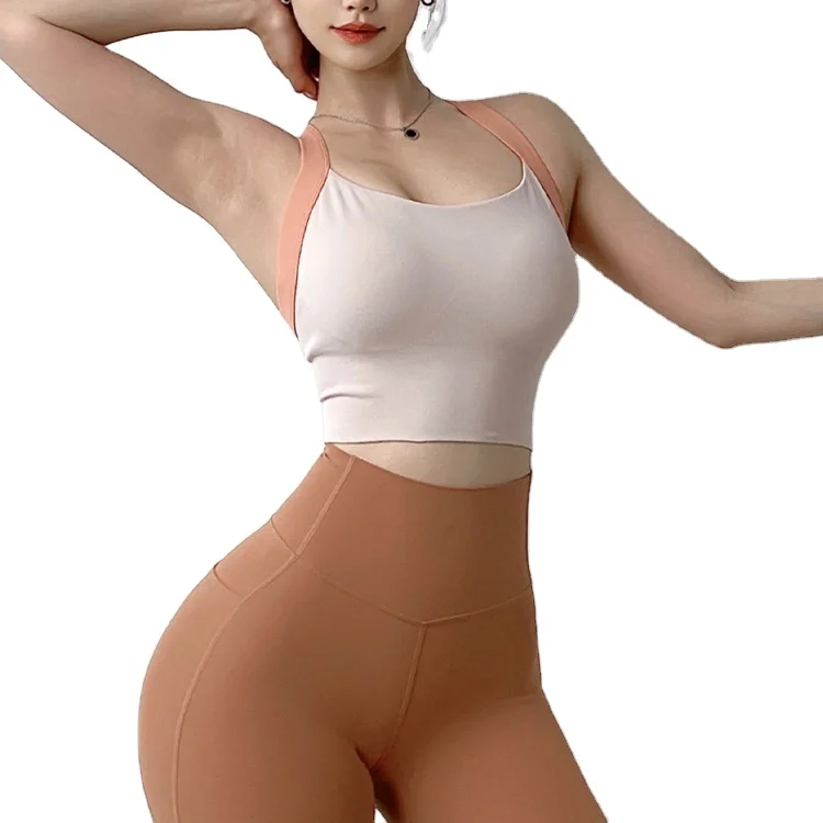 Mitaogirl Contrast Wide Strap One-Piece Shockproof Gather Sports Bra for Women Workout Tops Gym Fitness Yoga Bra Summer