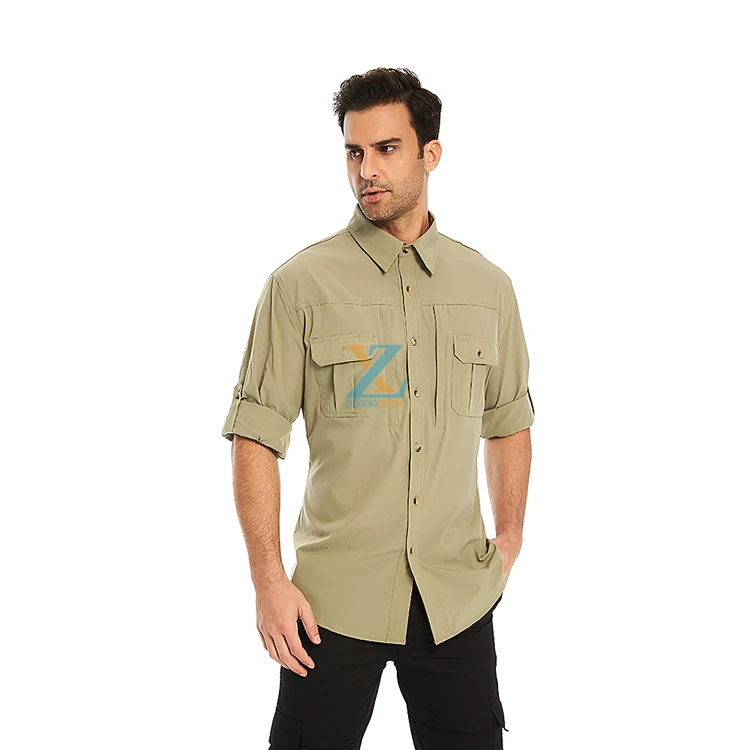 Long Sleeve Multi Pocket Cargo Work Shirt Upf 50+ Sun UV Protection Men Shirt For Outdoor Hiking Hunting Fishing