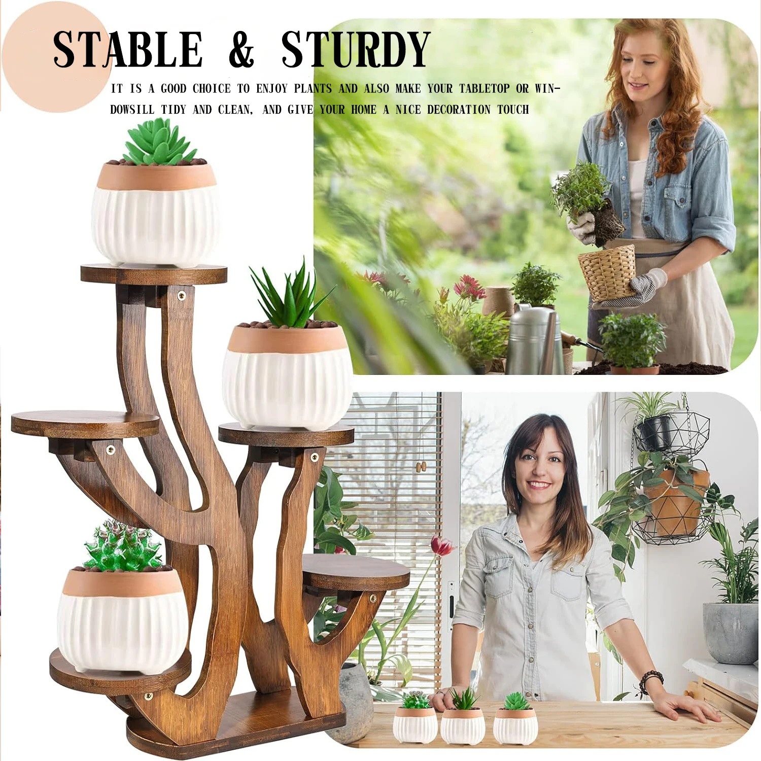 Bamboo Flower Plant Stand 2 Tires Storage Rack Watering Plant Cabinet