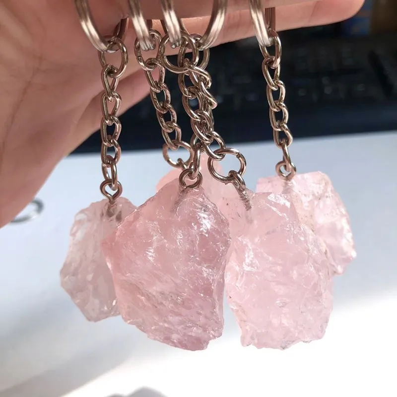New Arrivals Natural Crystals Healing Stones Rough Rose Quartz Keychain Raw Stone Key Chains