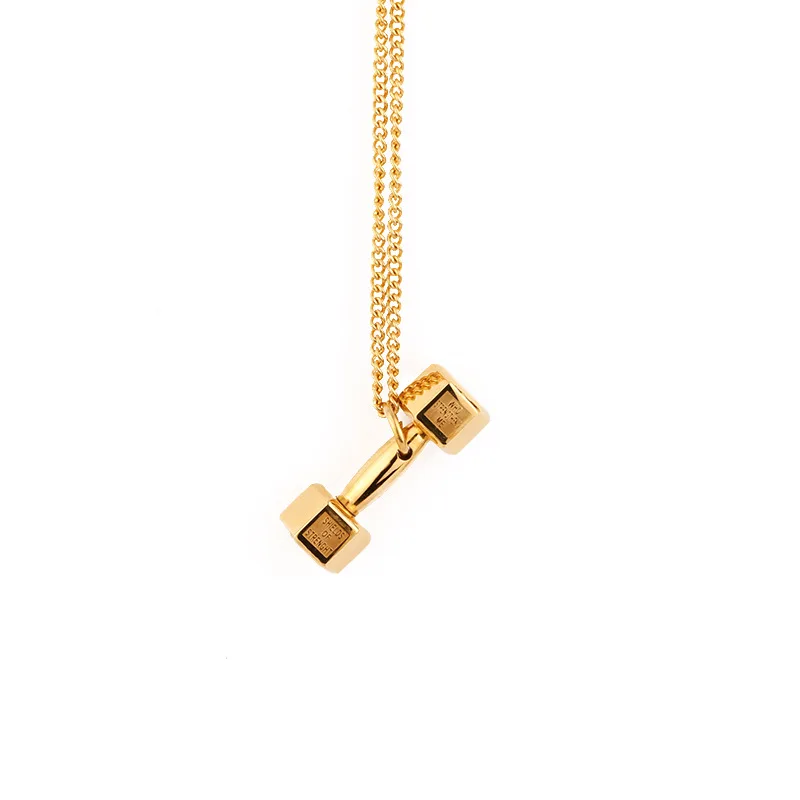 G1742 RTS Personalised Titanium Steel Jewelry Gold Black Fitness Gym Dumbbell Pendant Necklace