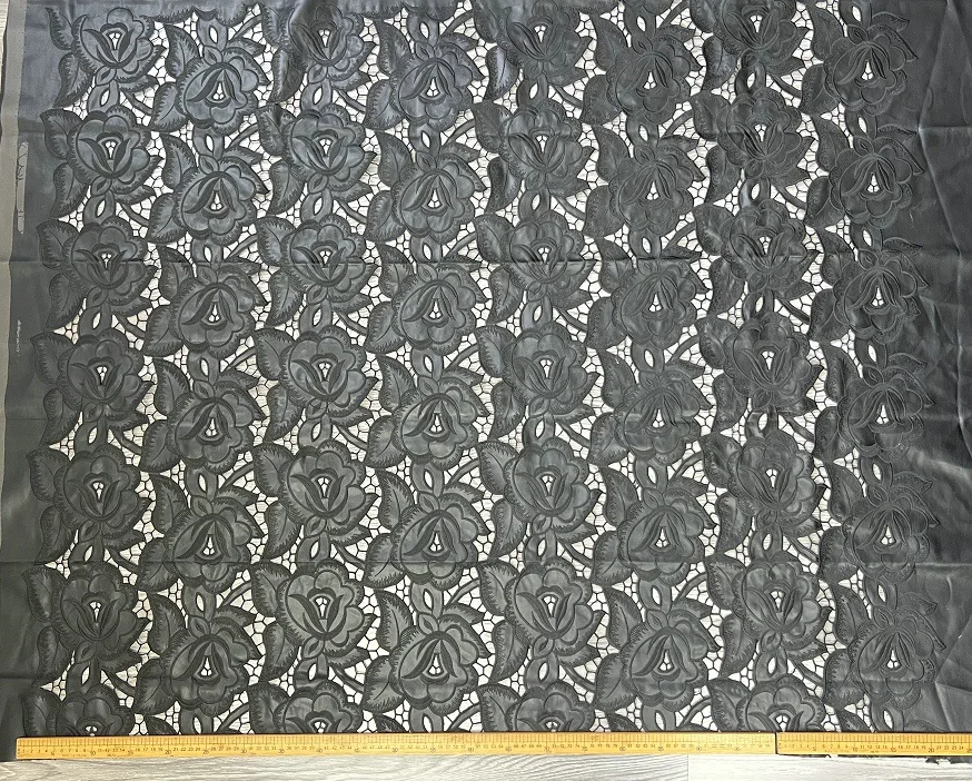 Wholesale Punk Style Black PU Leather Rose Flowers laser Embroidery Fabric