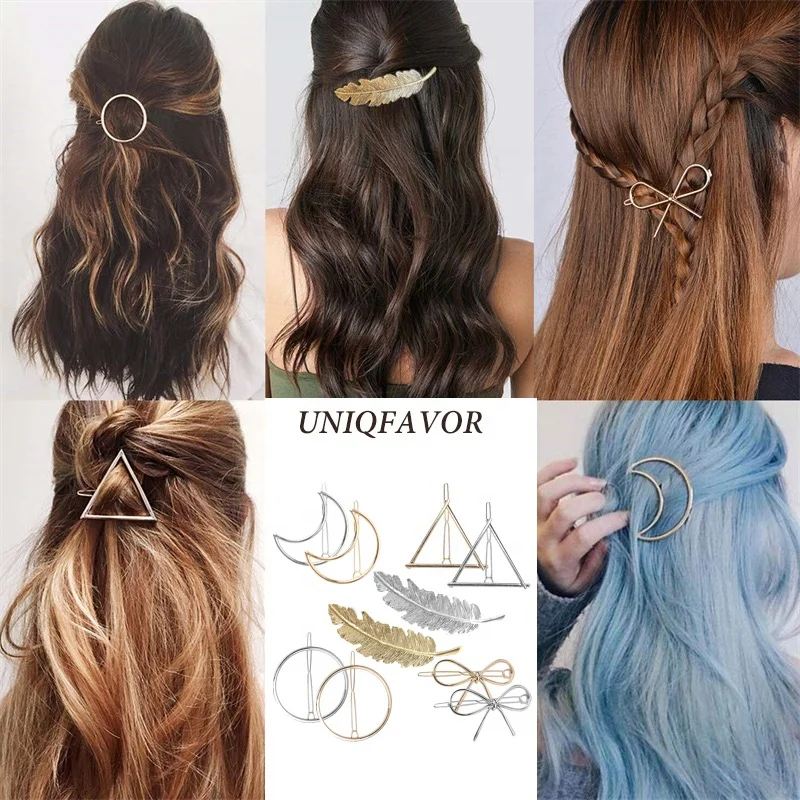 Minimalist Barrette Dainty Feather Hair Pins Triangle Circle Bow Infinity hairgrips for Woman Girls Geometric Hair Clips