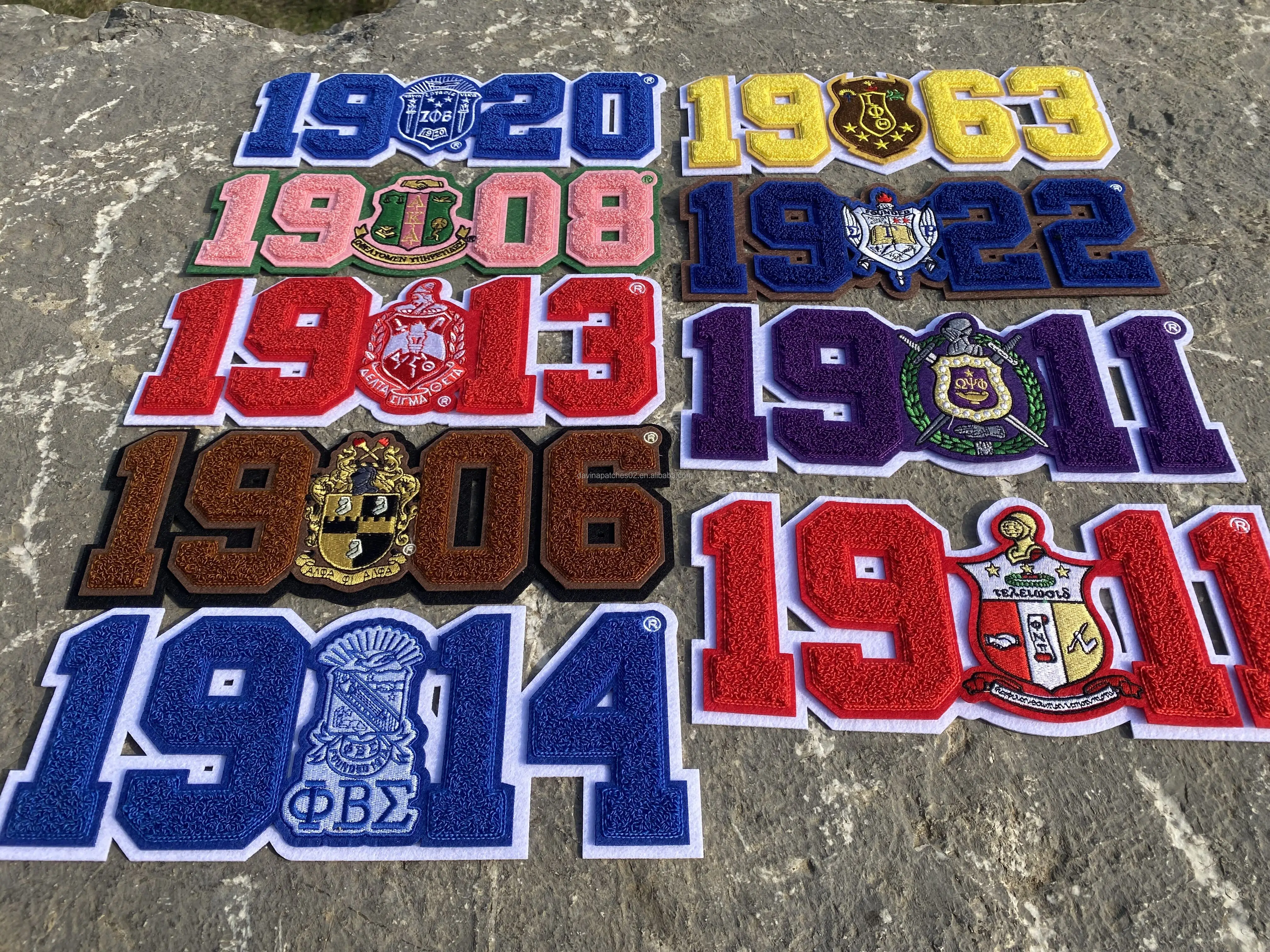 Custom chenille embroidery omega psi phi fraternity shield patches iron on patches