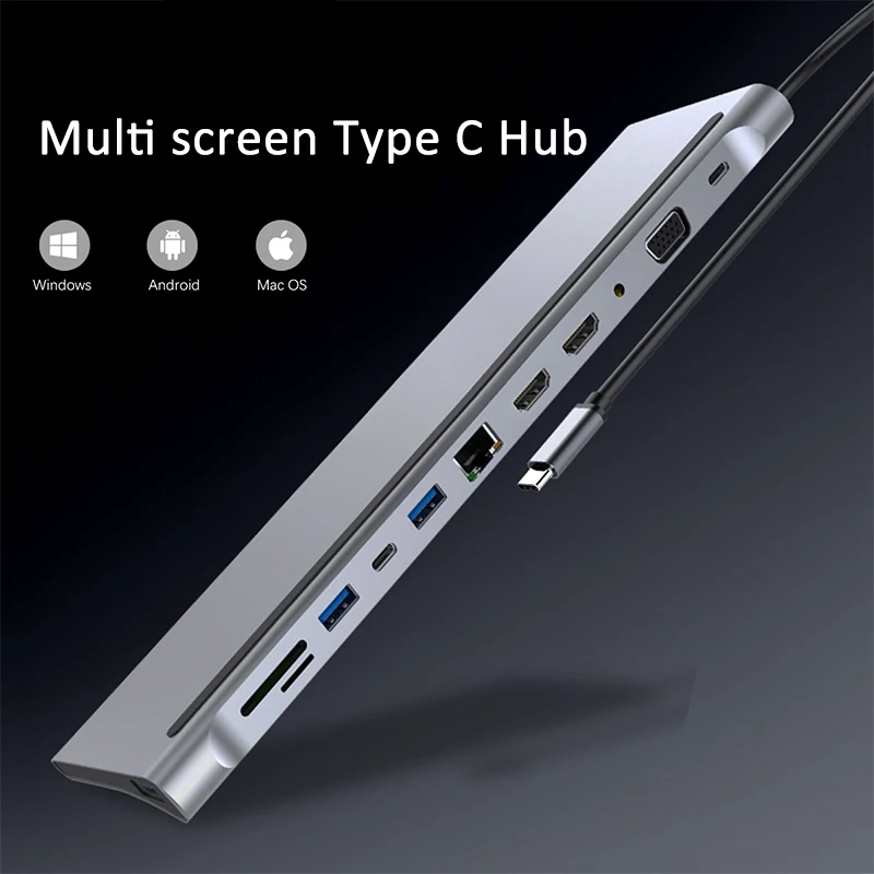 Custom logo USB Type C docking station 12 port usb 3.0 hub to PD/VGA/4K/USB3.0/rj45/SD TF card reader