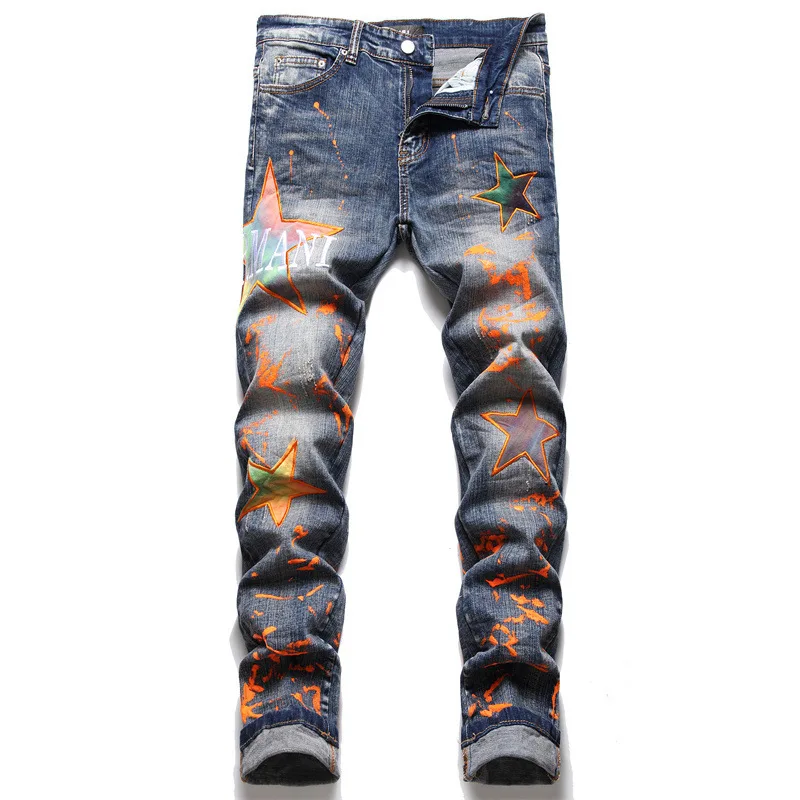 Design Streetwear Men Stars Patches Stretch Denim Jeans Tie Dye  Patchwork Pants Ripped Distressed Slim Straight Trousers