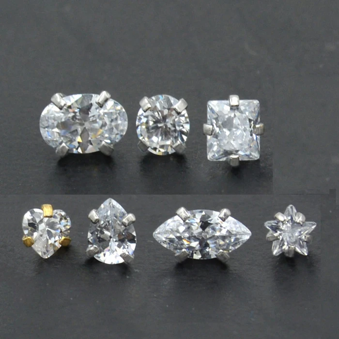 PTFE Bioflex Threadless Push in Labret Lip ring  with prong Setting CZ Gems