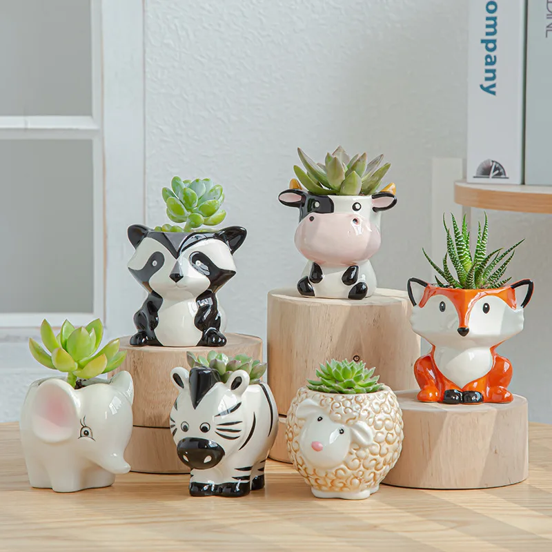 6PCS/Set New Cartoon Animals Flower Pot for Succulents Fleshy Plants Flowerpot Ceramic Small Mini Home Garden Office Decoration