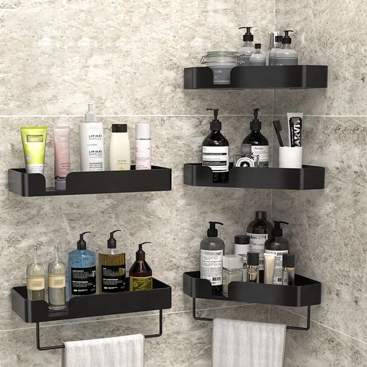 Free Combination Aluminum Alloy Black Shower Caddy Shampoo Storage Bathroom Organizers Corner Shelf