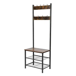 Metal Industrial Rustic Hall Tree Entryway Shoe Bench with 3-Tier Changing Shoe Bench and Coat Rack with 9 Hooks