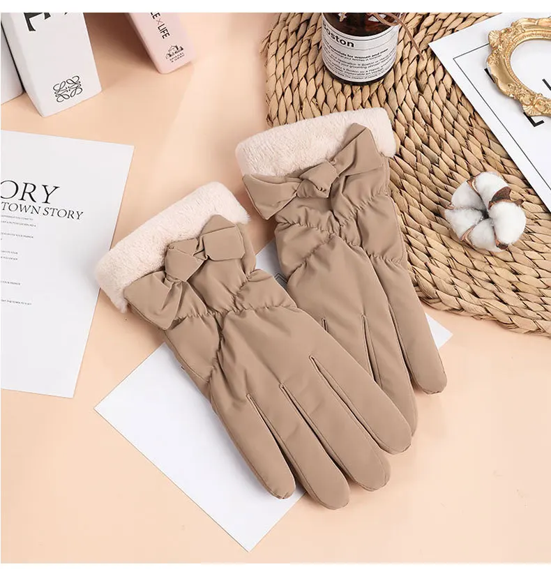 Warm Fleece Windproof Waterproof Elegant Bow Women Pink Gray Screen Touch Hand Gloves
