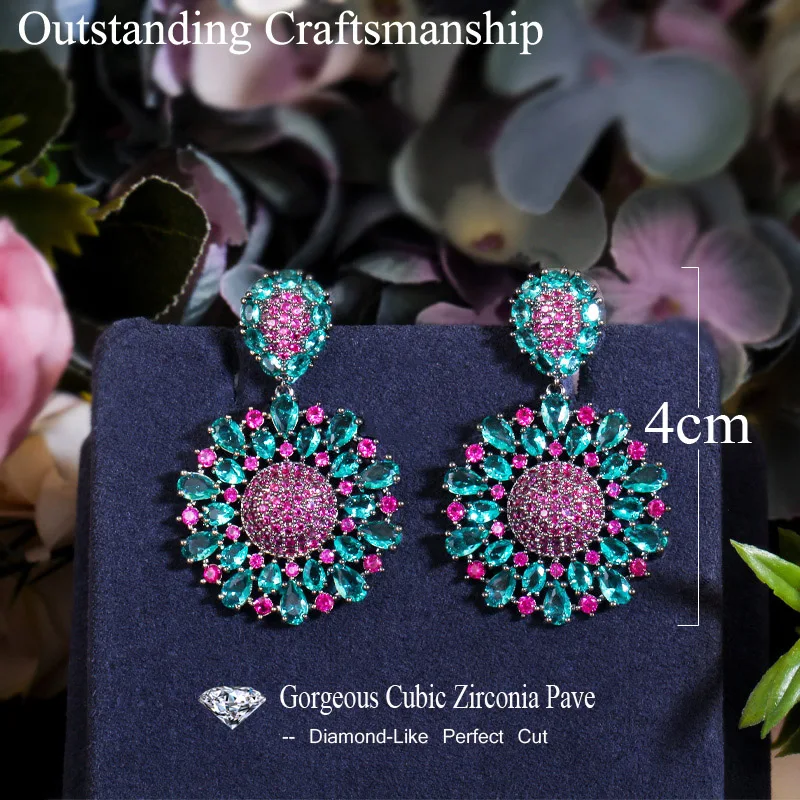 Aesthetic Brazilian Hot Pink and Green Cubic Zirconia Crystal Big Dangle Drop Flower Party Earrings for Women
