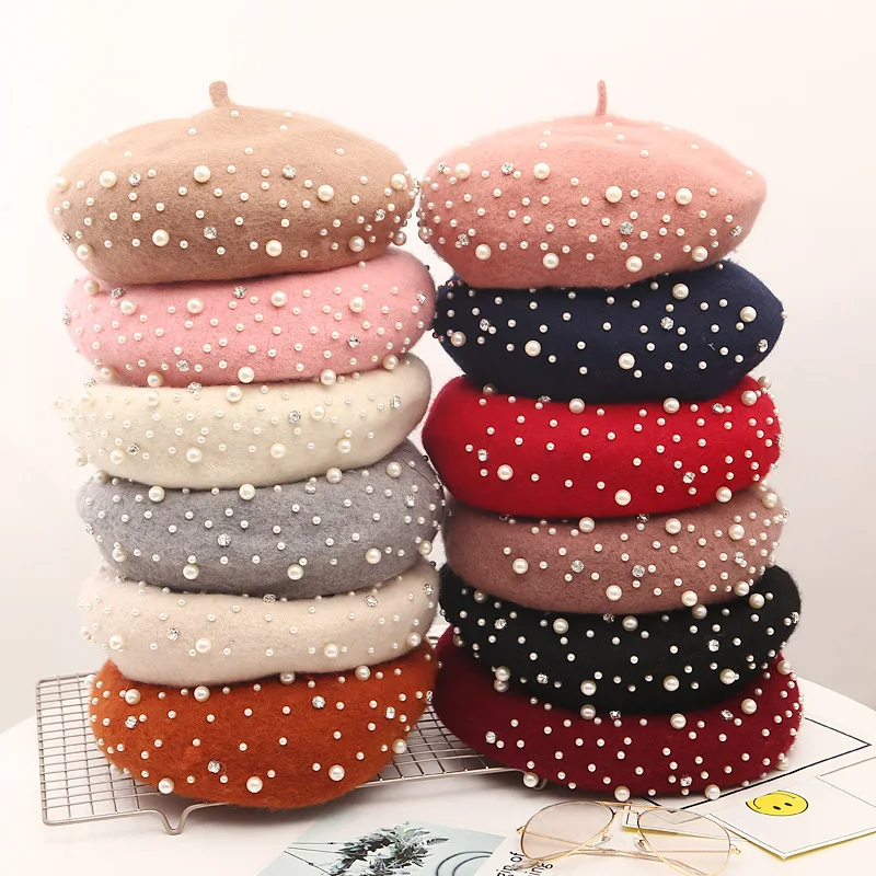 knitted hat Fashion Winter Women Girl Warm Knit Thicken Wool Cashmere Beret Woolen Knitted Hat Beanie Rhinestone Pearl Beret