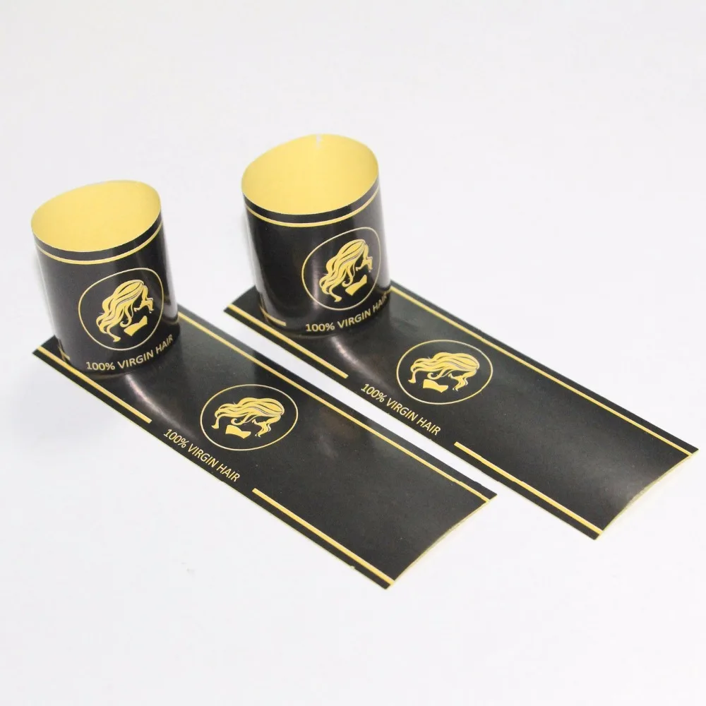 Low MOQ wholesale waterproof paper custom adhesive paper glossy sticker hair bundle wraps with hair hang tag