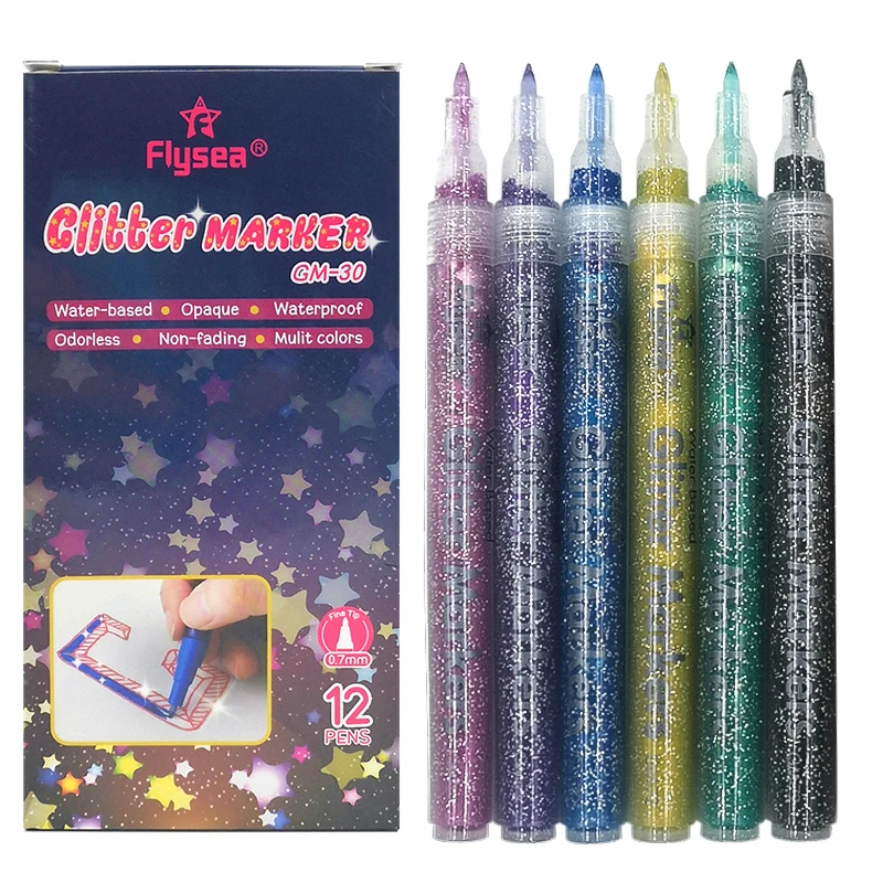 Flysea Glitter Paint Pen Scrapbooking DIY Craft Making Coloring Set of 12 Acrylic Glitter Markers Extra-Fine Tip 0.7 mm