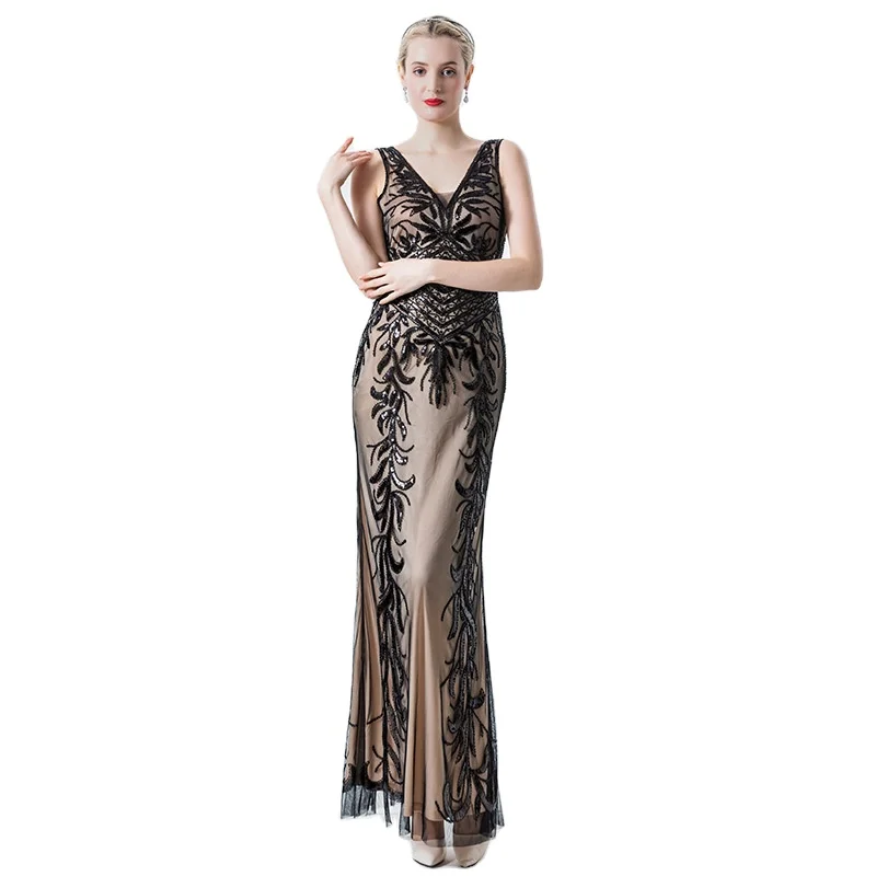 Sequins Evening Dresses V Neck Slim Sleeveless Long Formal Masquerade Dresses