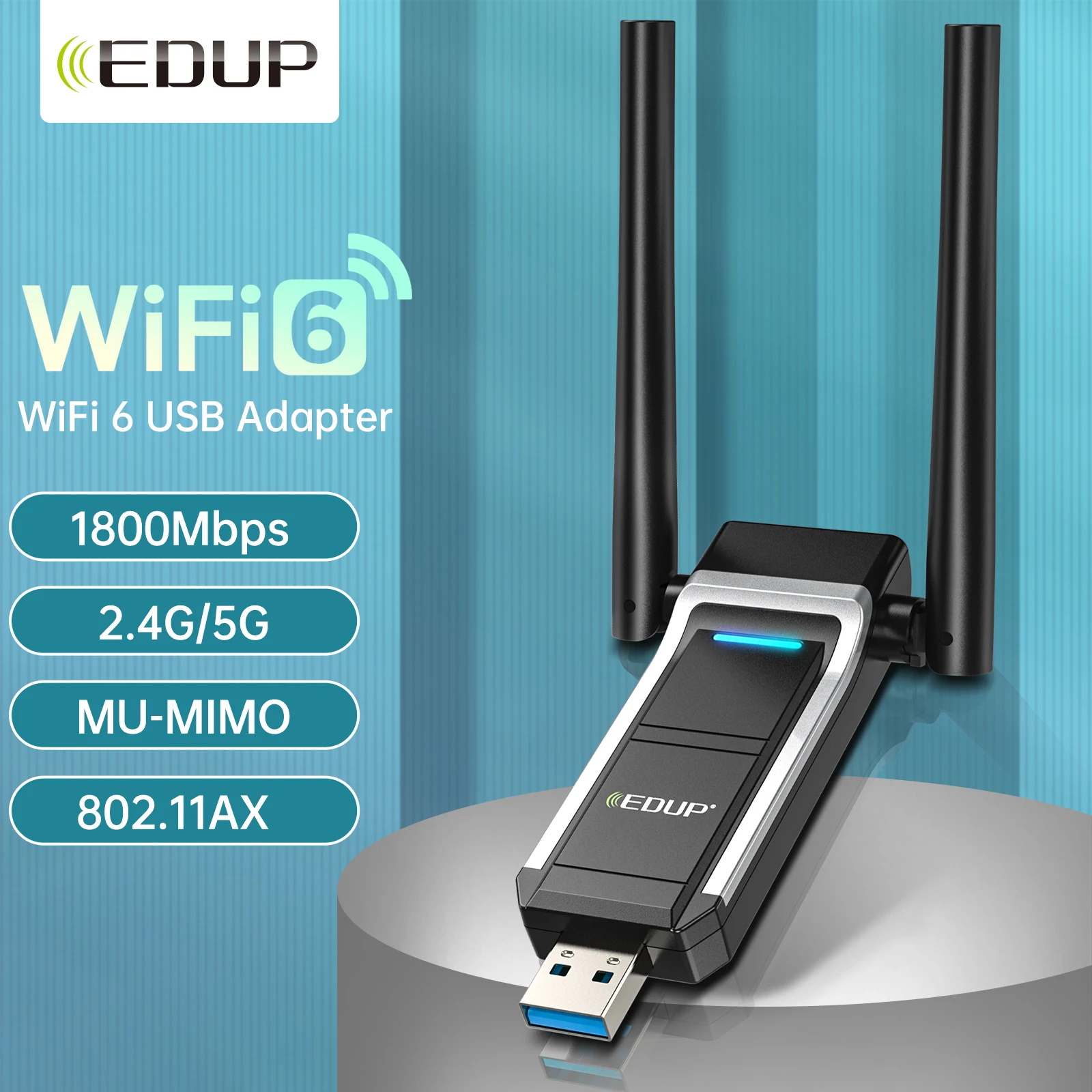 AX1800M USB WiFi 6 Adapter 802.11ax for PC, USB 3.0 WiFi Dongle Dual Band High Gain Dual Antennas Wireless Network Adapter