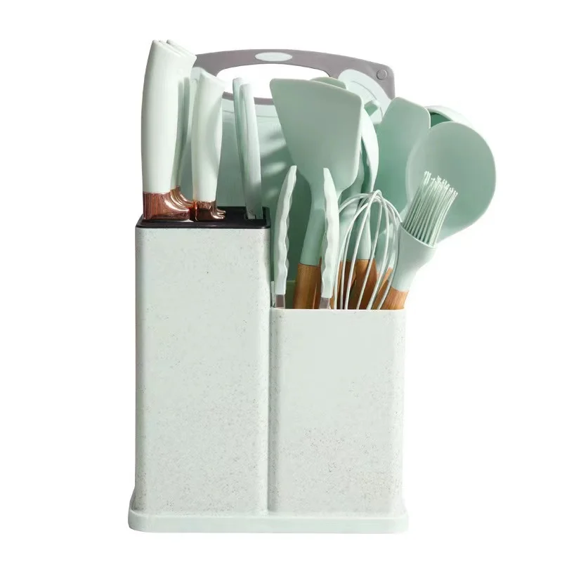 Silicone kitchenware 19-piece kitchenware storage bucket Stainless steel knife handle kitchenware set