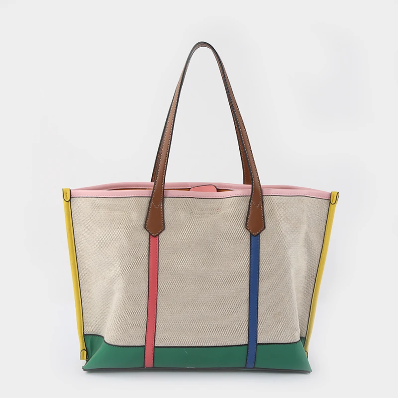 2022 New Fashion Contrasting Color Ladies Canvas Leather  Italian Handbag Tote Handbags for Women