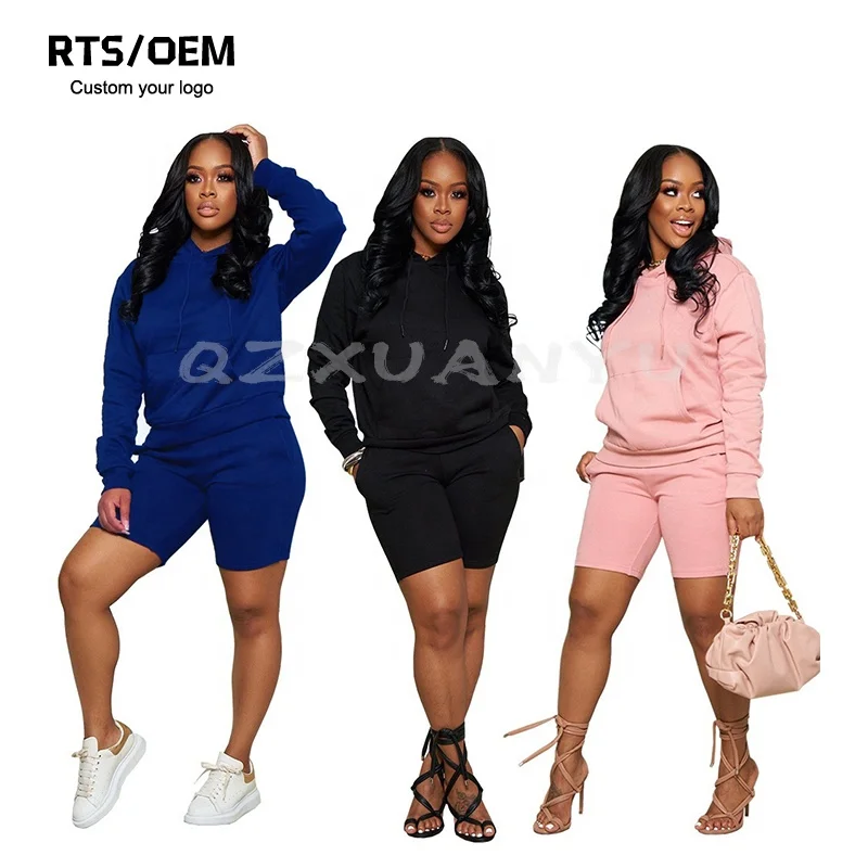 Autumn Clothing Manufacturers Custom Logo Solid Blank Casual Outfits Womens Clothing 2 Piece Hoodie And Jogger Short Set