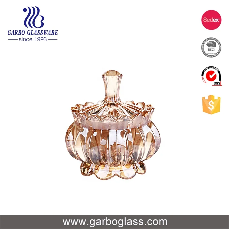 Ion plating amber glass sugar candy pot with lid India Indonesia hot selling table decoration delicate glass candy storage jar