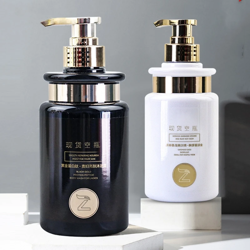 Cosmetic 300mI 500mI Milk Black White PET Luxury Body Lotion Bottle With Gold Pump For Skin Care Series Factory Direct Provide