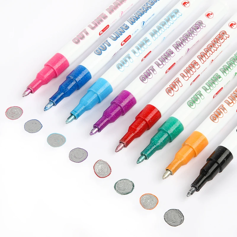 Mobee P-1267A Outline Markers 8pcs/set  Marker Pens Glitter Out Line Permanent Ink Color Flash Pens for Journaling Drawing