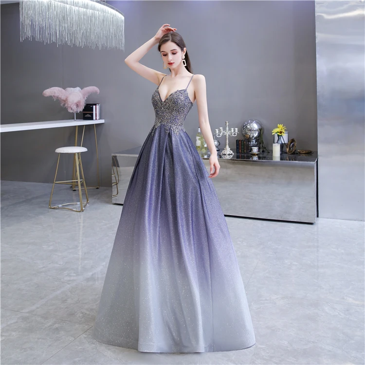 NWE2013 Delicately Spaghetti Strap Shiny Fabric Party Dress with Beaded Top Evening Skirt