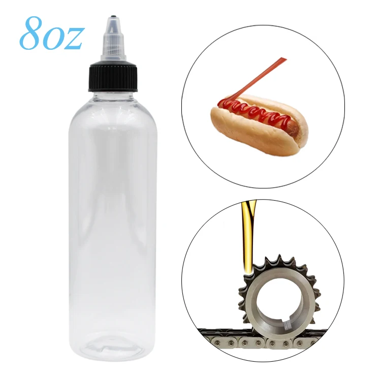 Custom 4oz 120ml 8oz 240ml Plastic PET Sauce,lube,Squeeze liquid bottle with 24/410 24mm Plastic PP Twist Top Screw Caps Lids