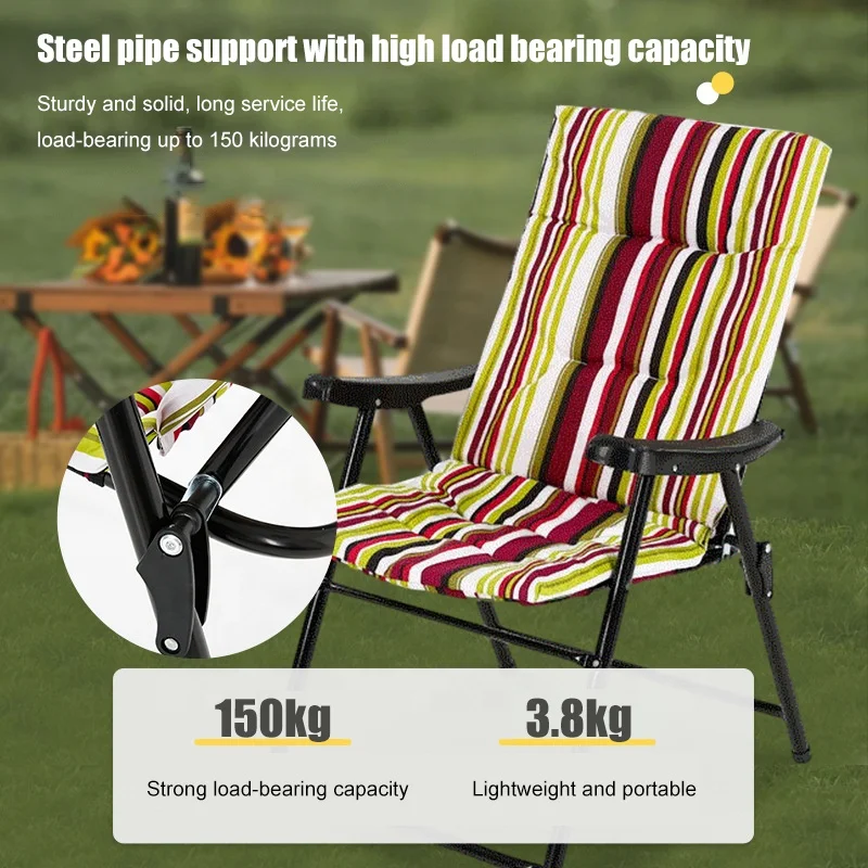 Custom Outdoor Folding Portable Camp Chairs Stripe Cotton Padded Steel Pipe Camping Fishing Beach Chair