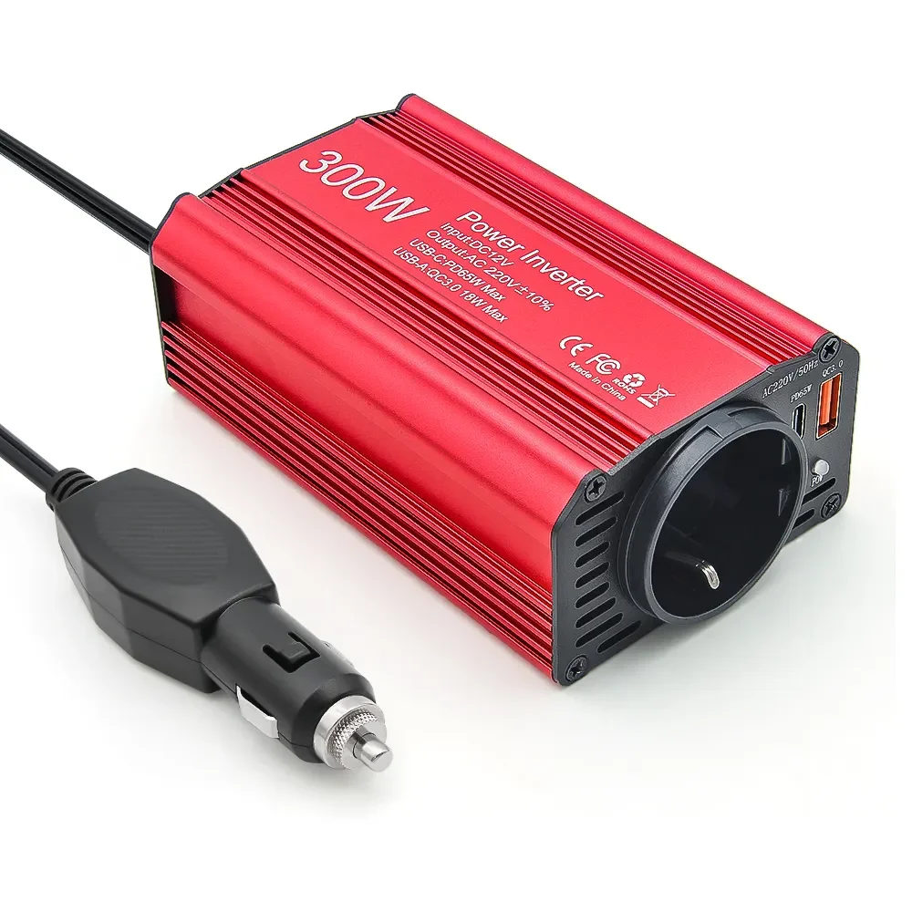 Inverter 300W Power EU Socket DC12V to AC 220V/110V Output USBQC3.0+PD65W Fast Charging Vehicle Inverter