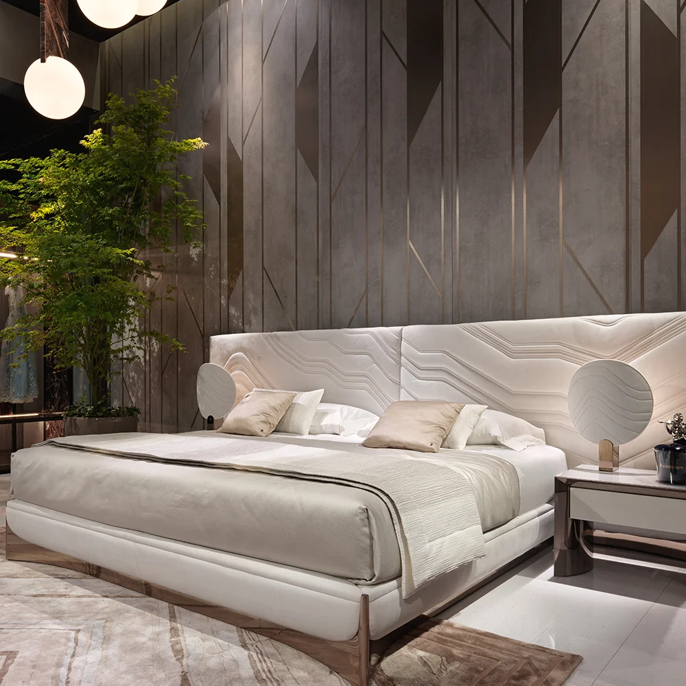 Italy Design Luxury Wide High Headboard Bed White Leather King Size