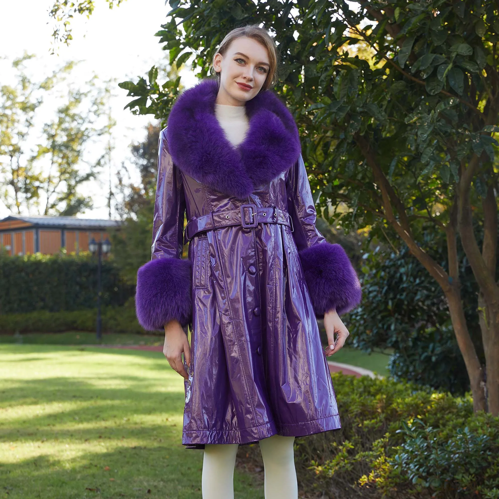 Hot Sale Ladies Long Trench Style Genuine Sheepskin Leather Fur Collar Jacket