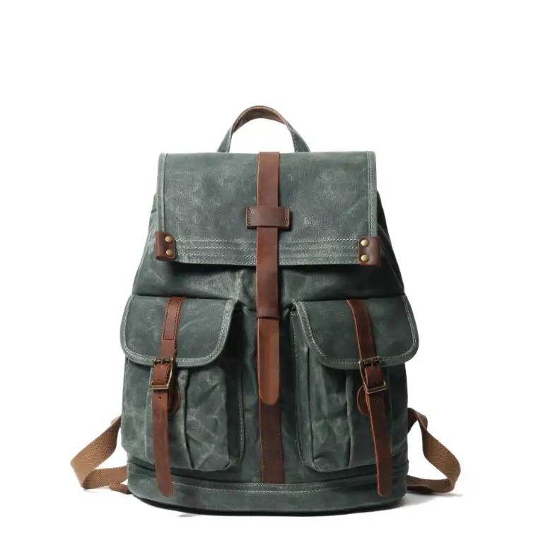 
Heavy waxed canvas crazy horse leather bagpack waterproof laptop drawstring backpack 