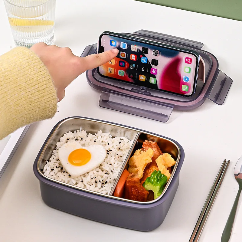 2 Compartment Small 850ml Rice Snack Tiffin 304 Stainless Steel Food Bento Lunch Box Container For Kids Children with Dinnerware