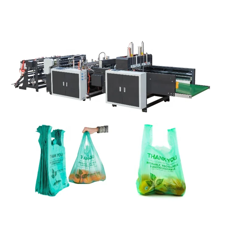 Fully automatic biodegradable poly plastic T-shirt shopping bag making machine