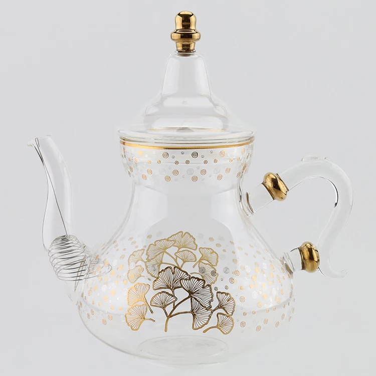 Gourd-Shaped Kettle With Handmade Decal Glass Pitcher With Lid Moroccan Style teapot