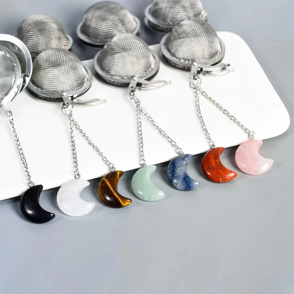 Wholesale Natural  Stone Healing Crystals Moon Crystal Tea Infusers Stainless Steel Mesh Tea Strainer