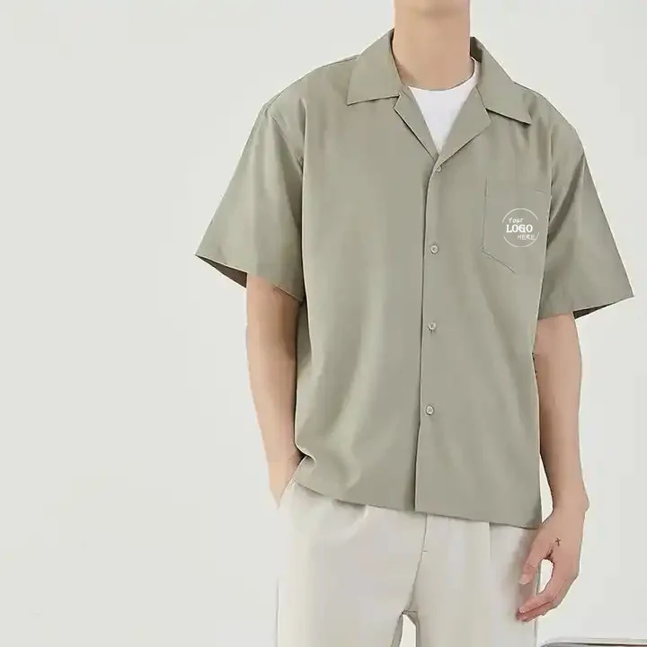 High quality short sleeve boxy cropped t shirt blank oversize cotton twill button up shirt mens