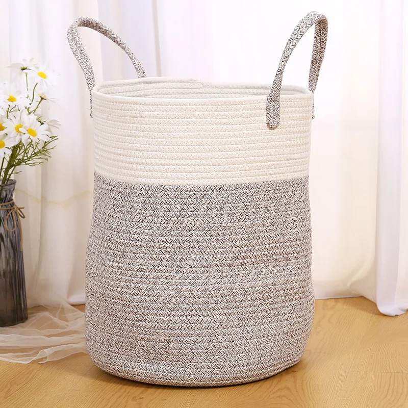 High Quality Cotton String Weaved Clothes Dirty Laundry Basket Storage Baskets Bins with Lid Practical Storage Organizer